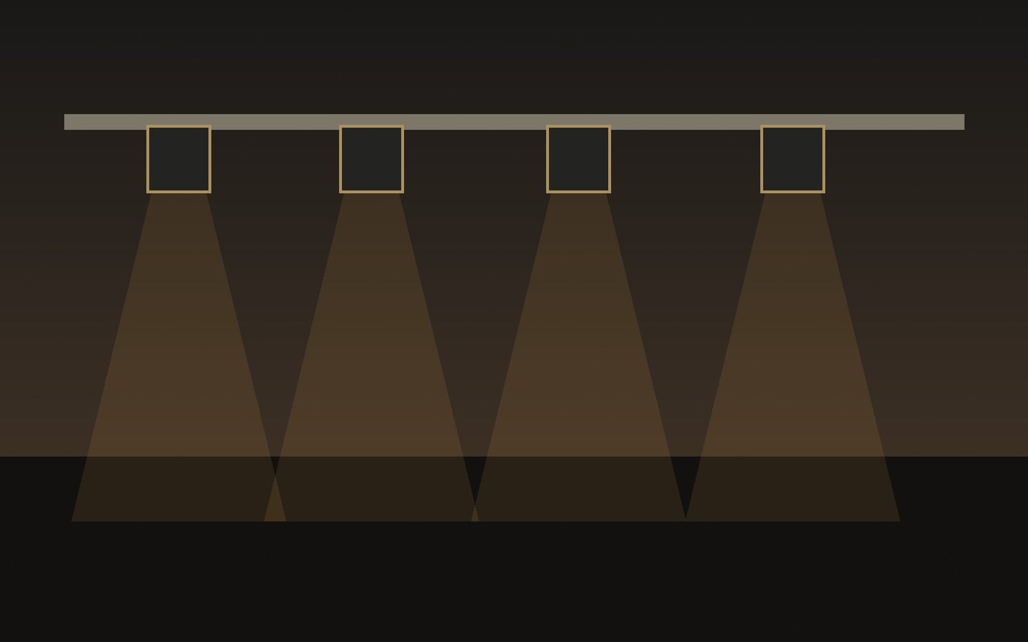 Stage lighting instruments hanging from a dark overhead pipe